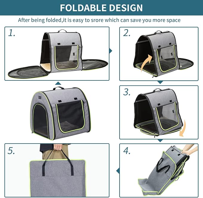 PETSFIT Collapsible Dog Crate, Travel Dog Crate - 35.5 Inch Lightweight, Roomy, Easy to Set Up, Sturdy Soft Dog Kennel with Thick Mat, Snowflake Grey