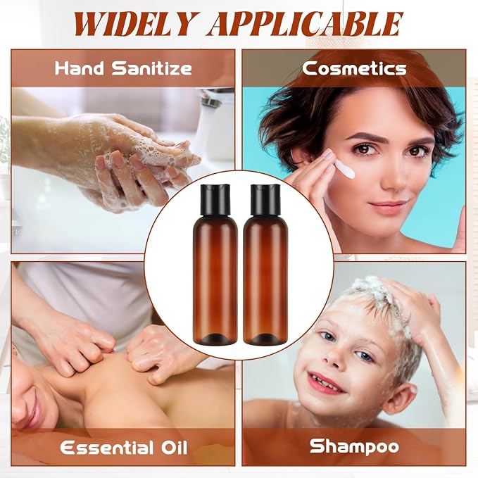 50 Pack 4oz Amber Empty Bottle Plastic Squeeze Bottles with Disc Top Flip Cap, Leakproof Refillable Travel Containers for Lotions Shampoo, Body Wash, Crafts and Toiletries