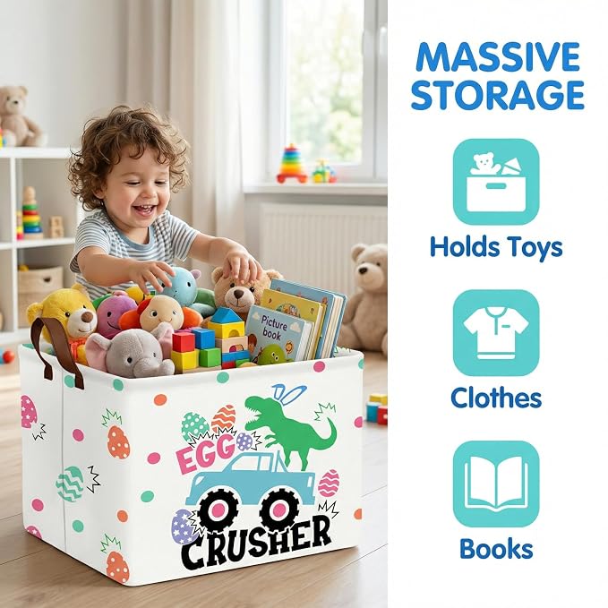 Kid Rectangular Empty Easter Basket for Girl Boy Bunny Eggs Easter Basket Gift Baby Room Decor Storage Organizer (Monster Truck Dinosaur)