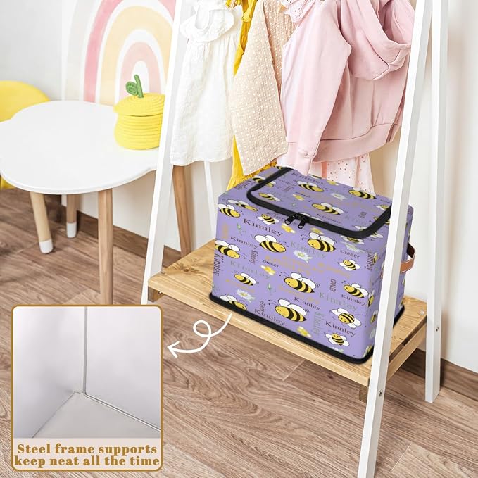 Custom Rectangular Storage Basket with Zipper Lid, Kids Baby Toys Bin, Books Shelf Basket, Clothes Towel Bin for Nursery, Gift Basket, Lavender Purple Cartoon Bee with Daisy Floral