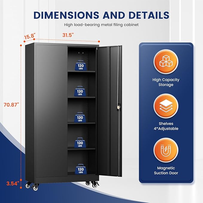 Metal Garage Storage Cabinet with Locking Doors and Adjustable Shelves,- 75" Rolling Steel Tool Cabinet for Home Office,Garage,Warehouse (Pack of 2)
