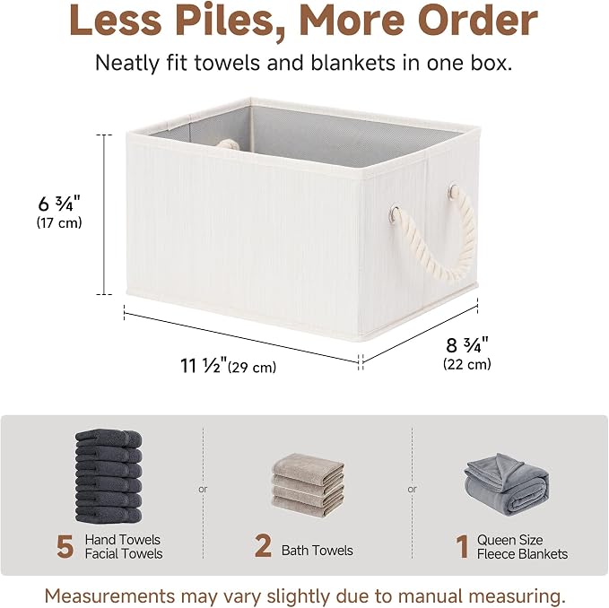 StorageWorks Fabric Storage Bins with Rope Handles, Beige, Small, 3-Pack | Fabric Storage Bins for Shelves, Storage Baskets for Closet Organization, Organizer Bins for Clothes Storage