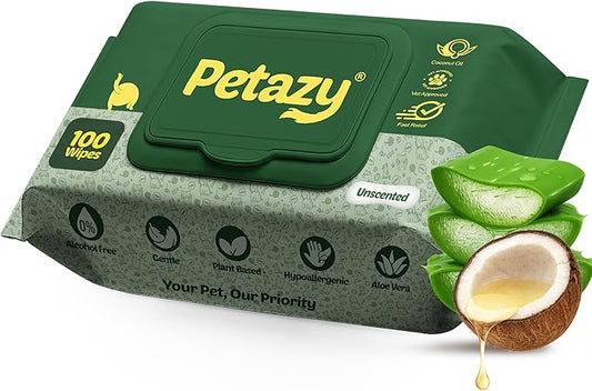 Petazy Dog Wipes for Paws and Butt – 100 Count (8x8in) Hypoallergenic, Deodorizing Pet Wipes for Dogs and Cats | Extra Large, Plant-Based, Unscented | Travel Size, Single On-the-Go Pack