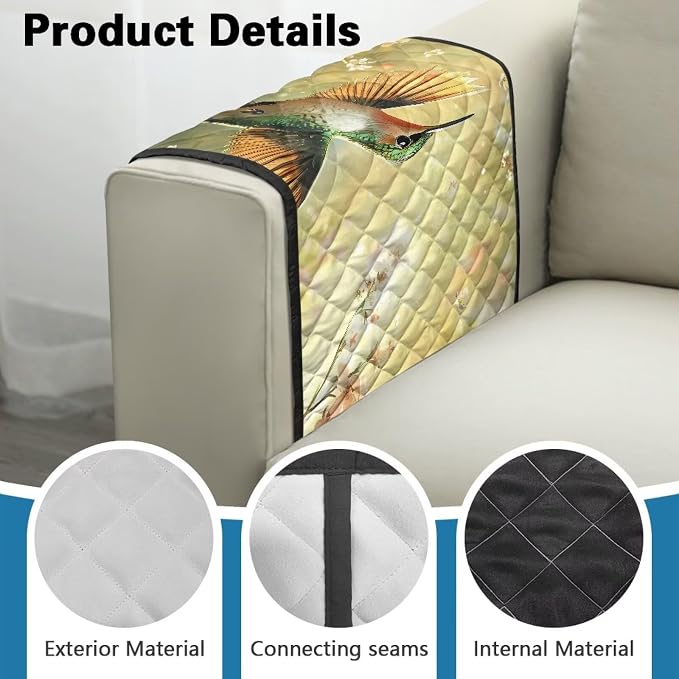Hummingbird Sofa Armrest Covers Non-Slip Arm Rest Covers Washable Couch Arm Cover with 2 Pockets Dustproof Furniture Protector for Living Room Decoration