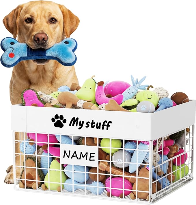Kaiferty Indestructible X-Large Dog Toy basket, Chew-Proof Medium Toy Bin, Pet Toy Bin Dog Metal Basket for Toys, Puppy Toy Storage Organizer Blankets, Toy Box for Living Room Area (White)