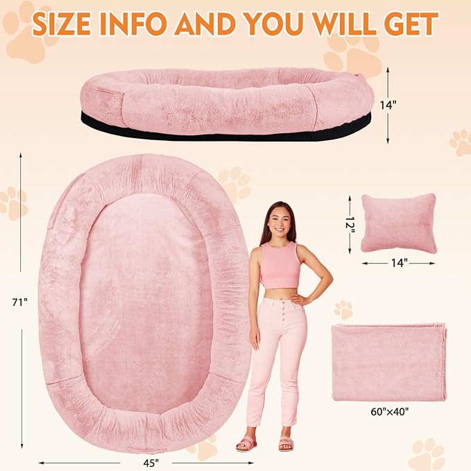 Human Dog Bed,71"x45"x14" Human Size Giant Dog Bed for Adults and Pets,Washable Faux Fur Cover Napping Orthopedic Bean Bag Bed for Humans with Blanket and Pillow,Pink