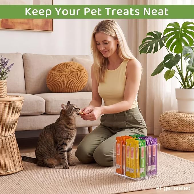 Rotating Cat Food Organizer, Acrylic Lazy Susan 4 Slot Lickable Wet Cat Treat Container for Countertop, Cabinet & Pantry (Clear Square)
