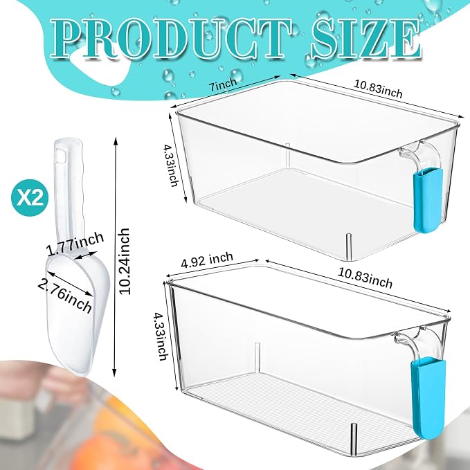 Havawish Ice Storage Bin and Flexible Scoop Set Plastic Freezer Bin | Freezer Ice Bin Scoop, Clear Bucket Container, Pull Handle, Flexible Storage, 10.83 X 7 X 4.33 In,10.83 X 4.92 X 4.33 in