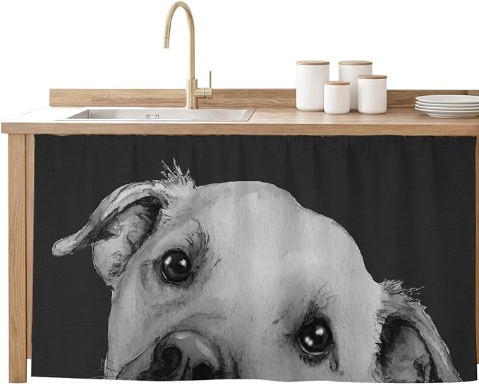 Black Dog Cabinet Curtain 28"Wx51"L,Dustproof Storage Cabinet Curtain with Self Adhesive Tape,Cute Pets Eyes Animals Fur Vintage Oil Painting Tall Pantry Cover Drape for Kitchen,Laundry Room,Closet