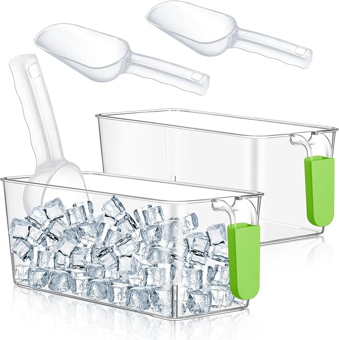 Havawish Ice Storage Bin and Flexible Scoop Set Plastic Freezer Bin | Freezer Ice Bin Scoop, Clear Bucket Container, Pull Handle, Flexible Storage, 10.83 X 4.92 X 4.33 in