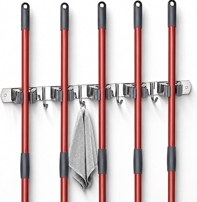 voze 5 Racks and 4 Hooks Mop and Broom Holder Wall Mount, Self Adhesive Heavy Duty Broom Hanger Organizer Storage Tool Racks for Kitchen Garden Laundry Garage