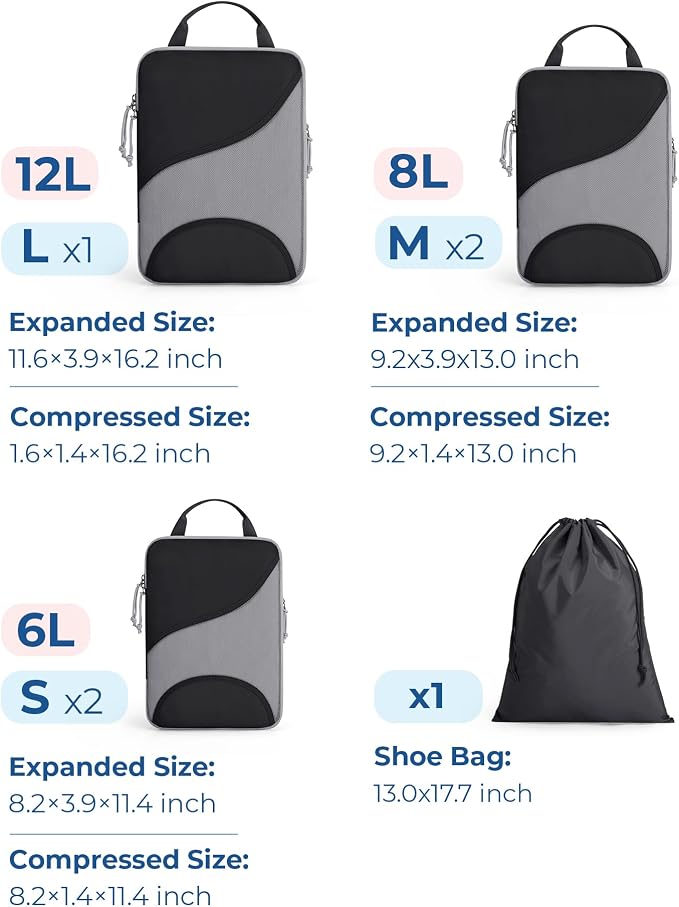 Bagsmart Compression Packing Cubes, Travel Bag Cruise Ship Essentials | Lightweight, Compressible Suitcase Organizer Set fit Standard Carry-On & Checked Luggage, 6 Set, 14 Set Washable Packing Bags