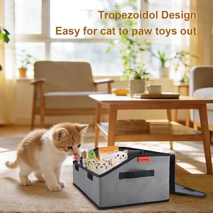 Sturdy MDF Cat Toy Box Storage with Lid, 19" Collapsible Cat Toy Bin with Handle, 600D Fabric Cute Pet Storage Basket Organizers for Pet Toys and Accessories - Grey (2 Pack)