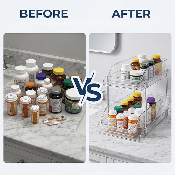 Medicine Bottle Organizer with Clear Pull-Out Drawers for Quick Access | Clear PET drawers, metal frame, smooth pull-out access, open top shelf, for vitamins, supplements, and medicine bottles