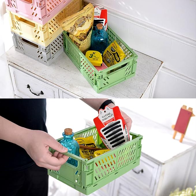 4 Pack Pastel Crates for Storage, Plastic Folding Basket, Colorful Small Storage Containers for Bedroom Office Classroom Bathroom Desktop Drawer Organizer Decor (9.8x6.5x3.8inch)