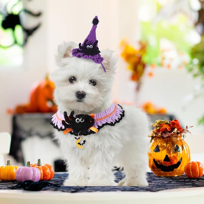 Kunyeah Halloween Pet Costume Set for Cats Small Dog Adjustable Knitted Hat Scarf Pumpkin & Witch Print Puppy Bib Cute Crochet Cat Collar Cap Pet Apparel Outfit (Purple-Spider)