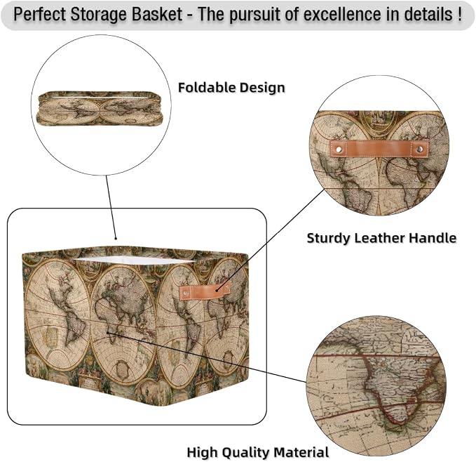 Globe Travel World Map Storage Basket Cloth Storage Cube Basket Bins | Collapsible Cloth with Handles Rectangular Toys Nursery Bedroom Home Office