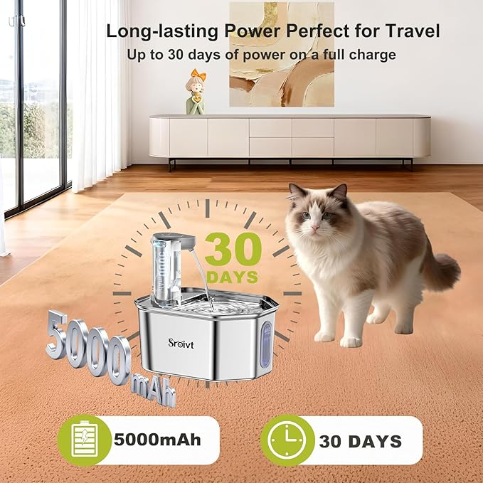 Cordless Cat Water Fountain Stainless Steel - Stainless Steel Cat Water Fountain Cordless - Water Fountain for Cats - Wireless Pet Water Fountain - Motion Sensor/Battery Operated 2.6L,1 Filter