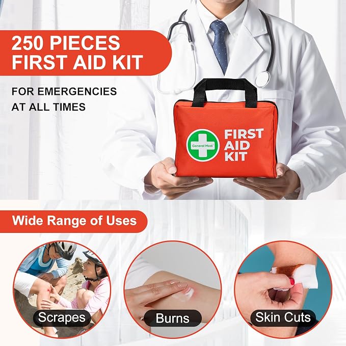 General Medi First Aid Kit, 250 Piece Small First Aid Kit - Includes Emergency Foil Blanket, Instant Cold Pack,Scissors for Travel, Home, Office, Vehicle, Camping, Workplace & Outdoor