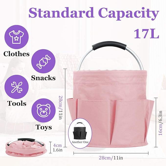 2Pcs 17L Cleaning Caddy with Handle, 600D Oxford Garden Tool Bag,Black+Pink | IHOMAGIC Cleaning Supplies Caddy with 6-Pocket, Water-Resistant Tool Bucket Organizer, Storage Basket for Family, Dorm, Hotel