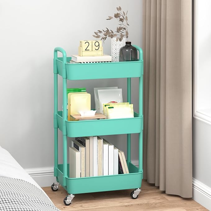 Sywhitta 3-Tier Plastic Rolling Utility Cart with Wheels for Storage, Green | Multi-Functional Storage Trolley, for Office, Living Room, Kitchen, Bathroom,Movable Organizer,Space-Saving,Easy to assemble