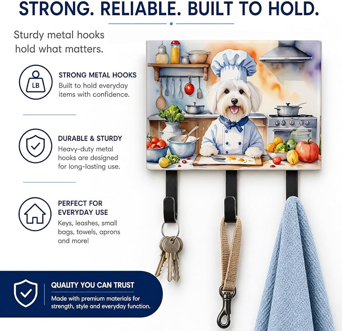 Caroline's Treasures Coton de Tulear The Chef Leash or Key Holder Wall Hooks, Key Hooks Holder, Coat Rack Wall Mount, Coat Hooks, Hooks for Hanging Keys, Towels, Aprons, Leashes | Coton de Tulear The Chef artwork on ceramic tile with three steel hooks ...