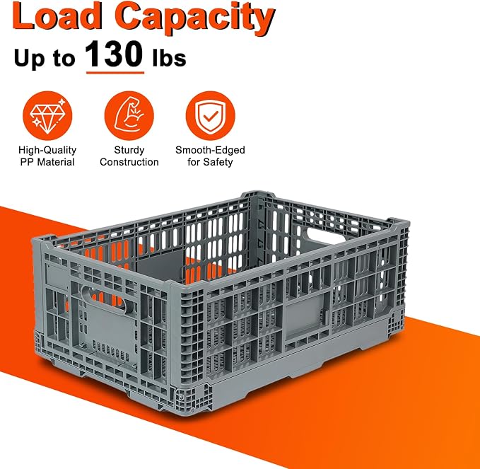 Collapsible Milk Crates 52L, Plastic Folding Storage Crate | with Handle, Heavy Duty Storage Bins for Organizing Tools, Books, Food, Drinks, Camping & Transport