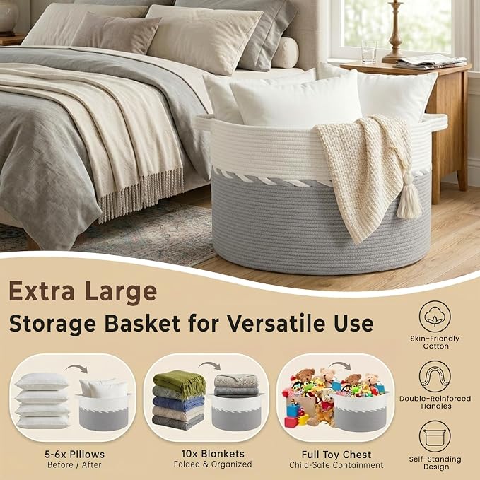 OIAHOMY 90L Extra Large Blanket Basket - Decorative Cotton Rope Storage Basket for Bedroom, Living Room & Nursery - Woven Laundry Hamper for Organizing Blankets, Clothes & Toys - Grey & White