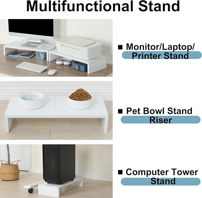 TEAMIX 2 Pack White Monitor Stand Riser 20 inch, Wooden Desktop Stand Shelf | For 2 Monitors, Laptop, Printer, TV, PC Tower, Full Keyboard Storage Underneath, Desk Organizer for Home Office Gaming Vanity