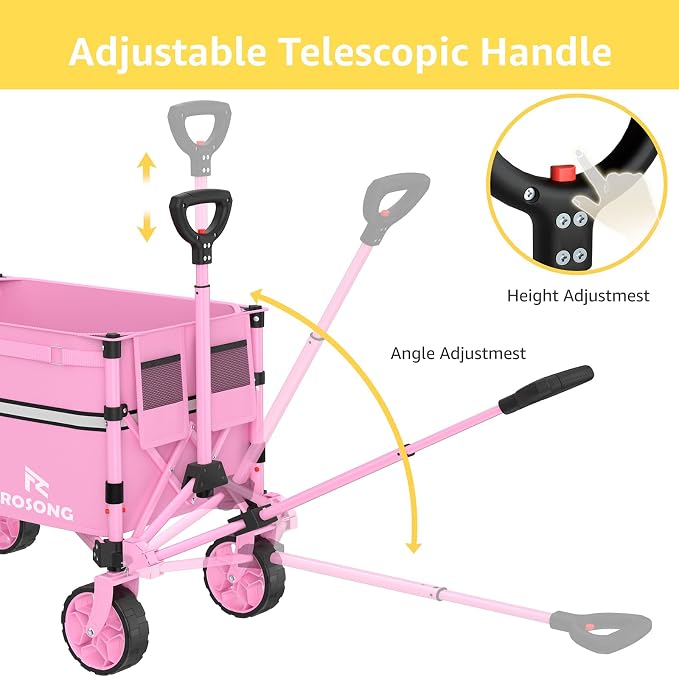 ROSONG Collapsible Wagon Cart with Wheels Foldable - Folding Utility Heavy Duty Wagons Carts for Grocery Sports Garden Shopping Camping Wheelbarrows (Pink, 120L)