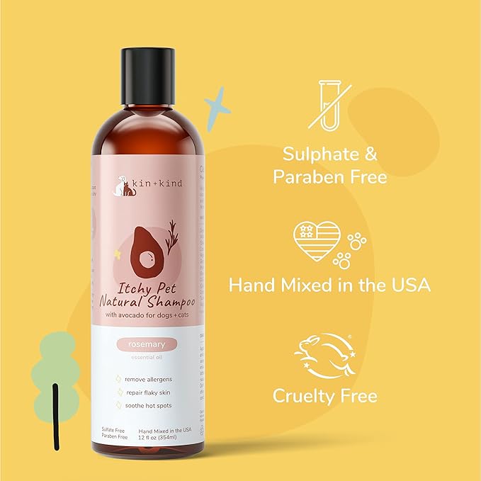 kin+kind Itchy Pet Natural Dog and Cat Shampoo - Gentle Clean for Itchy Skin - Avocado Oil - Rosemary Fragrance - 12 fl oz