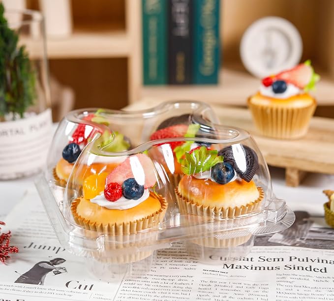 NPLUX 40 Pack 4 - Count Cupcake Containers with Tall Dome Lids | Compartment Holder, Connected Airtight Lid, Clear Plastic Stackable Boxes, Muffins, BPA Free, Standard Size