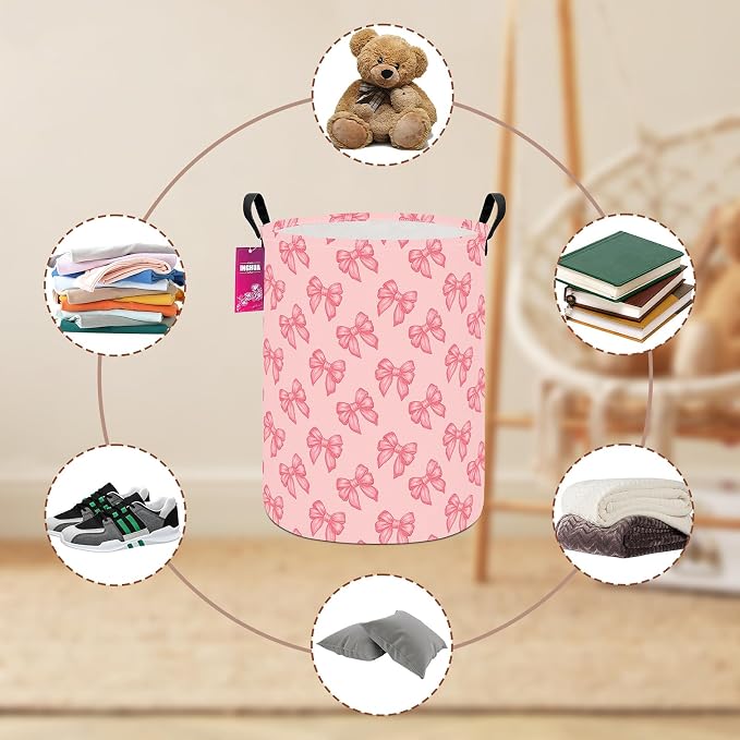 Laundry Hamper Large Canvas Fabric Storage Basket Pink bowknots | Organizer Bin Dirty Clothes Collapsible Waterproof for College Dorms, Boys and Girls Bedroom,Bathroom