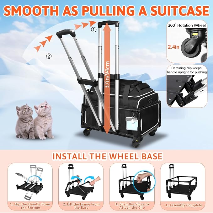 Top-Expandable Small Pet Carrier with Wheels Airline Approved | 17"x12"x8.5", for JetBlue/Frontier/Spirit Airlines, Lockable Safety Zippers and Anti-Scratch Mesh, Pets Under 8 Lbs, Black
