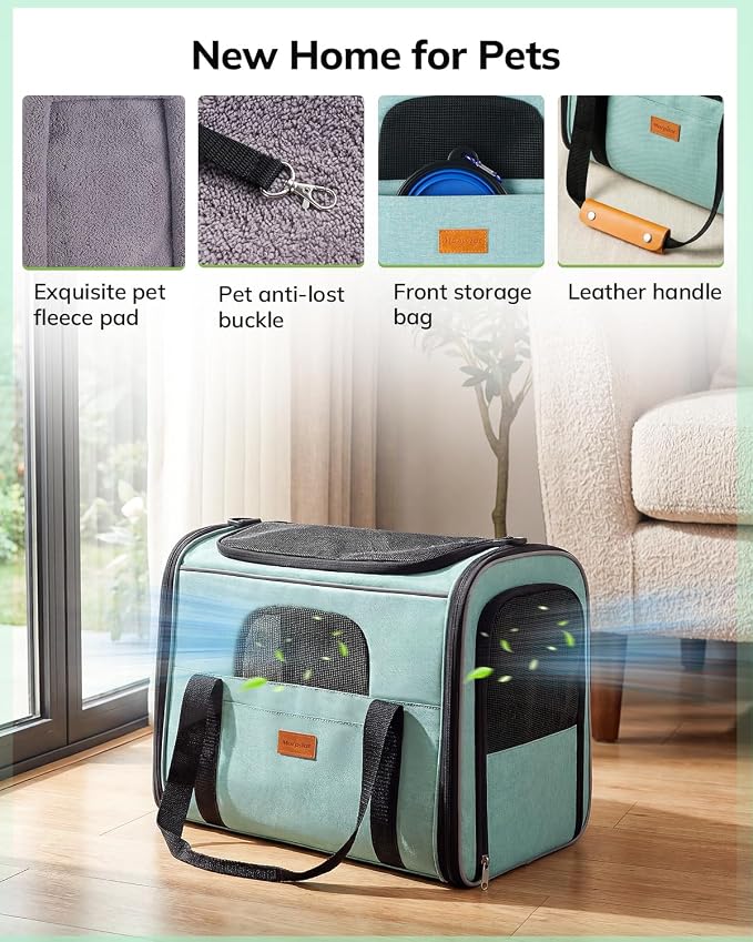 Morpilot Cat Carrier Soft for Large Medium Cats and Puppy up to 20lbs | with Dual-Sided Cushion, Secure Buckle and Foldable Bowl, Dog Carriers for Small Dogs - Pet Carrier (Green)