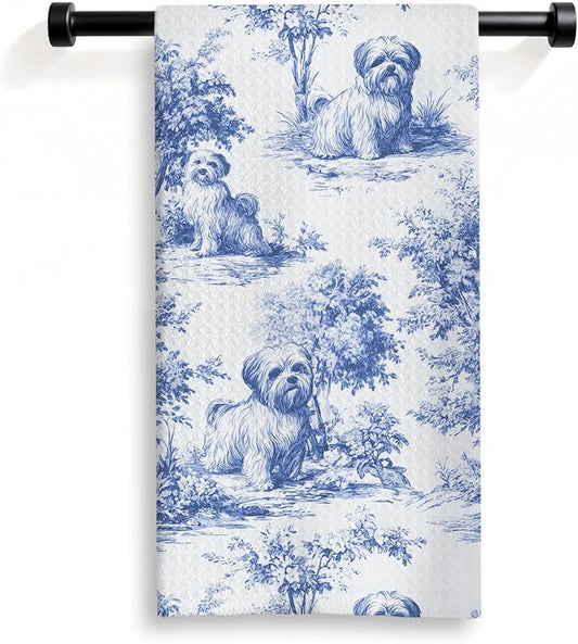 Shih Tzu Kitchen Dish Towels,Blue and White Floral Dog Towel Dish Tea Towels, Chinoiserie Decor for Kitchen Bathroom,Shih Tzu Gifts for Dog Lover Mom Dad,16x24 Inch