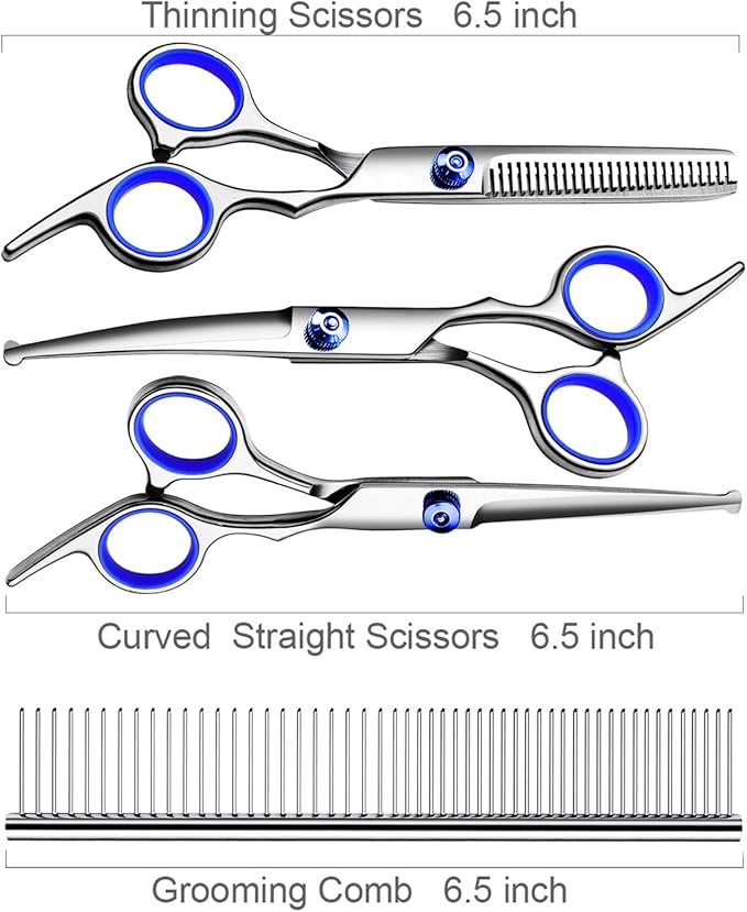 TINMARDA Professional Dog Grooming Scissors Kit, Titanium Coated 5 in 1 Stainless Steel Grooming Shears Kit with Straight, Curved and Thinning Scissors for Dogs, Cats and Pets at Home