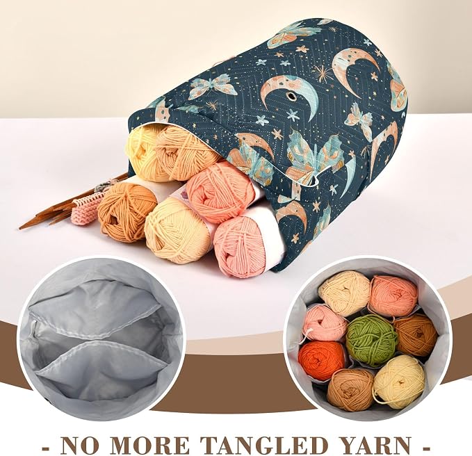 Fustylead Watercolor Hand Draw Butterflies and Moon Stars Yarn Crochet Tote Basket, Large Knitting Drawstring Organizer Yarn Storage Bag for Crocheting Project, Sewing Supplies, Yarn Balls, Needles
