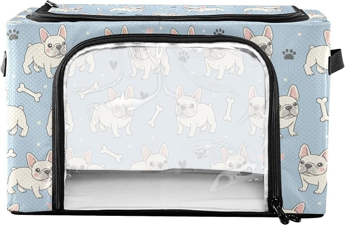 Cute Pets Dogs Blue print Under Bed Storage Containers with Double Zipper Openings, Foldable Clothes Storage Bins with Clear Window and Handles for Comforters Bedding Blankets