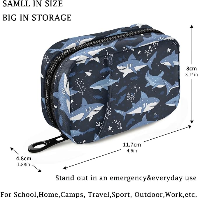 Fustylead Cute Cartoon Sharks and Marine Plants Travel Pill Organizer Case Zipper for Purse with Removable Weekly Pill Box for Medicine, Vitamin, Supplement Medicine Organizer