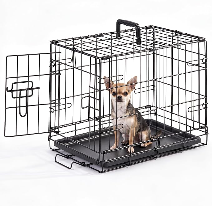 Small Dog Crate 18 Inch Foldable Single Door Dog Cage Pet Kennel | Metal Wire, Secure Lock, Plastic Leak-Proof Pan Tray, Indoor Outdoor Training Pet