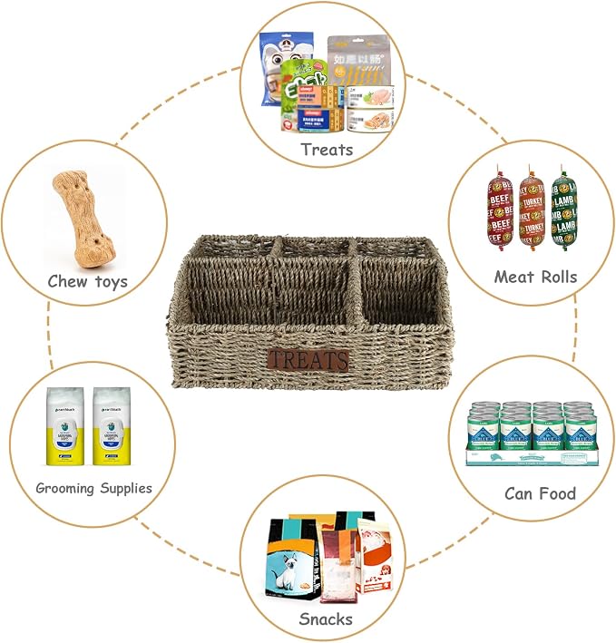Bratod Dog Storage Organizer Wicker Basket,Dog Treat Container Bin for Countertop,Pet Treats Box with Dividers,Dog Cat Can Food Storage Bin,Pet Treat Station-Natural Woven Seagrass
