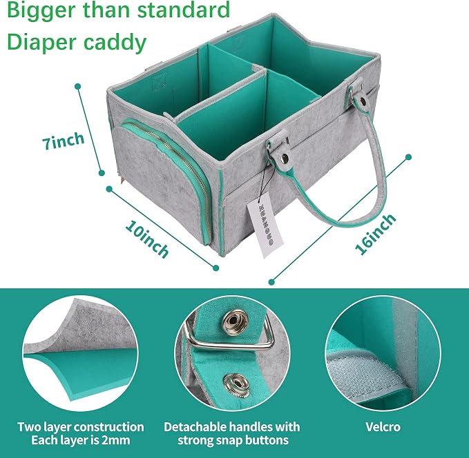 XUANGUO Large Baby Diaper Caddy Organizer, Felt Basket with Handles, Green | Nursery storage bin with dividers; portable tote bag for baby stuff, changing table or car, baby shower and registry gifts.
