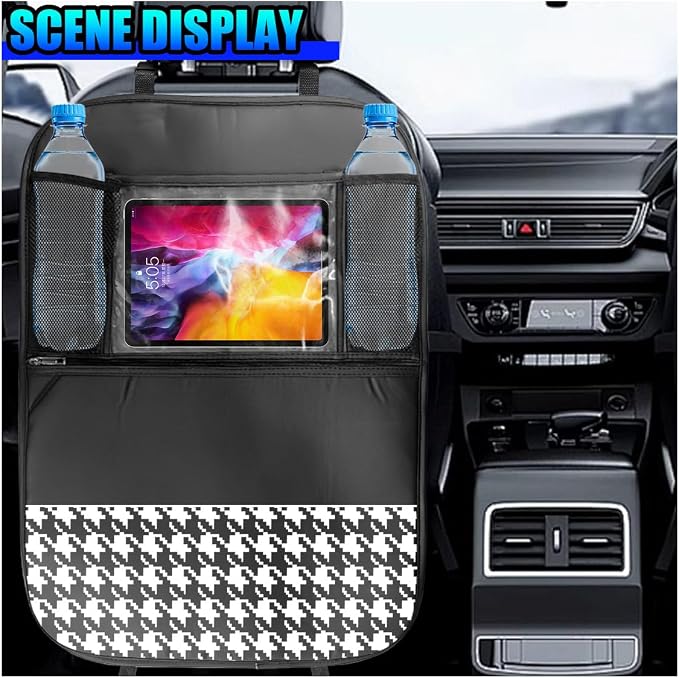 Car Kick Mats Back Seat Protector, Multifunctional Leather Car Rear Seat Hanging Storage Bag, Easy-to-Clean Auto Interior Backseat Organizer Accessory for SUVs, Trucks, Cars (Grid)