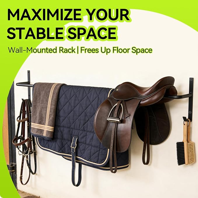 4Pcs Heavy Duty Horse Blanket Rack with Bridle Hooks | Wall Mounted Blanket Bar, Saddle Pad Rack for Horse Blanket Storage, Ideal for Horse Stall, Tack Room, Stable & Barn, Black