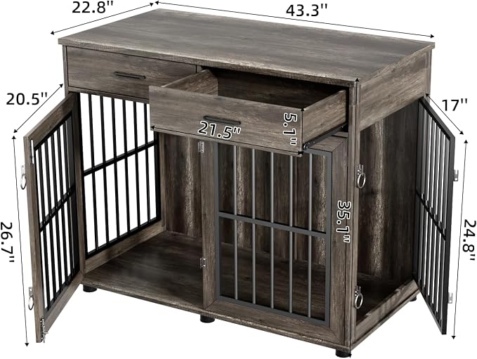 VOWNER 43.3" Large Dog Crate Furniture with 2 Drawers, Grey | Wooden Dog Kennel Furniture End Table with 3 Doors, XL Dog Kennel Indoor with Storage, Dog Cage TV Stand for Large Medium Dog