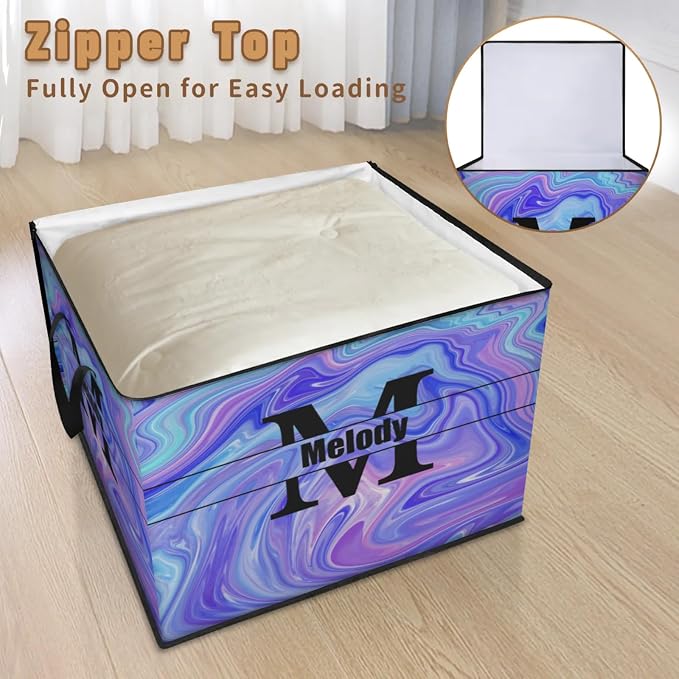 Personalized Storage Bins with Lid, Customized Name Initial Letter Jumbo Storage Basket Rectangle Clothes Organizer for Organizing Kids and Pets Toys Shelf Closet, Abstract Purple Pattern