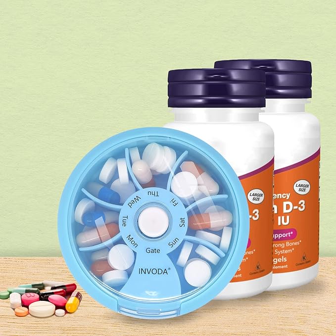 INVODA Weekly Pill Organizer 7 Compartment Rotating Pill Box for Daily | Cute Round Pill Organizer Fit purse pocket or backpack Portable Travel Pill Case for Fish Oil Supplements Vitamins Medication