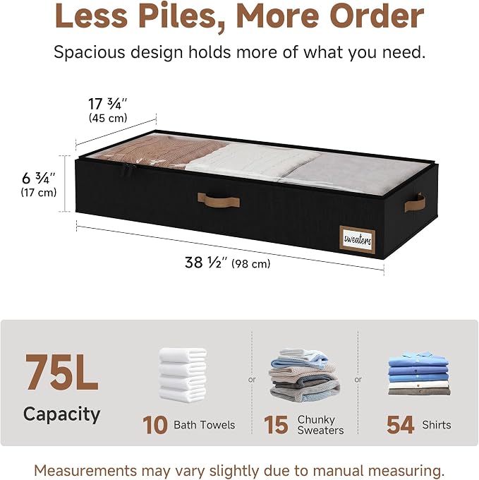 StorageWorks 7 Inch Low Profile Under Bed Storage Containers with Clear Lid | Reinforced Structure, Resists Sagging, Handles & Label Holder, Foldable Stackable Closet Storage for Clothes, Blankets, Toys