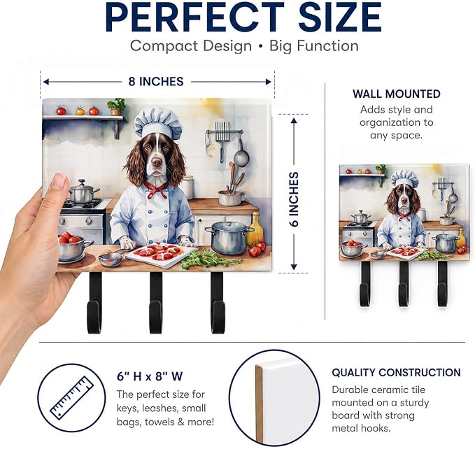 Caroline's Treasures English Springer Spaniel The Chef Leash or Key Holder Wall Hooks, Key Hooks Holder, Coat Rack Wall Mount, Coat Hooks, Hooks for Hanging Keys, Towels, Aprons, Leashes | English Springer Spaniel The Chef artwork on ceramic tile with ...